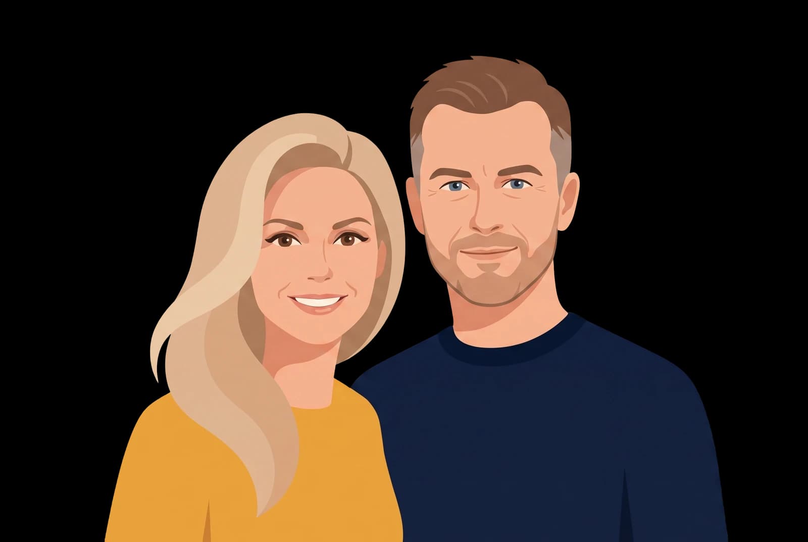 Illustrated portrait of Jennifer and Chris Lumley